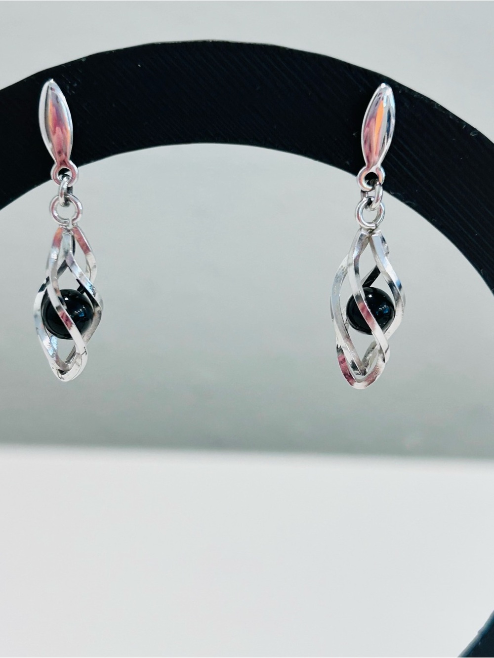 Vintage Cage Dangle Earrings Pierced Statement Cage Black Ball Silvertone